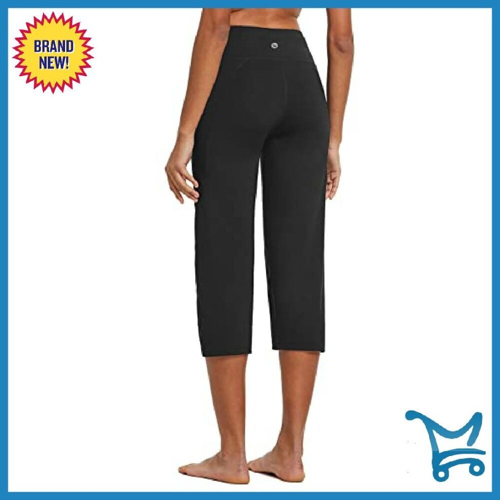 High Waist Yoga Capri Pants with Pockets Wide Leg Workout Crop - Picture 4 of 8